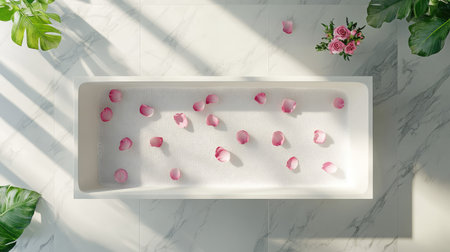 Top view of a foamy bathtub with scattered pink rose petals, set in a minimalist bathroom with marble wallsの素材
