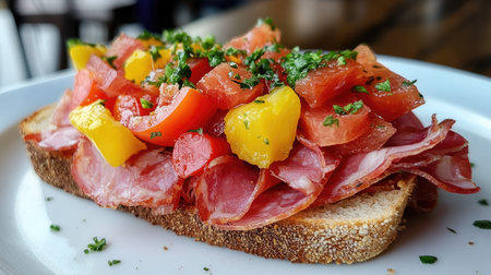 An open-faced sandwich with bacon, salami, and prosciutto on one slice of sourdough bread, topped with colorful fresh vegetables.の素材