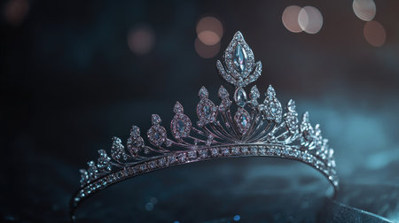 Elegant silver tiara adorned with diamonds, displayed against a dark background for a royal feel.の素材