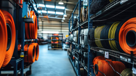 An industrial setup with polyethylene rope rolls on metal racks, labeled for quality inspection.の素材