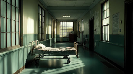 Empty hospital bed in a wide hallway with natural light streaming in from nearby windows.の素材