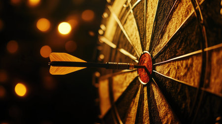 Dynamic view of a dart about to hit the bullseye, representing aiming for success and goal achievement.の素材