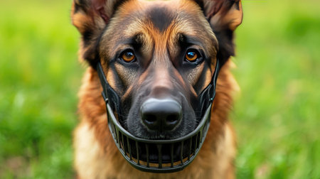 An obedient German Shepherd wearing a breathable muzzle, standing on green grass.の素材