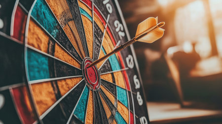 A close-up of a dartboard with a single dart hitting the bullseye, symbolizing accuracy and precision. Bright, vibrant colors.の素材
