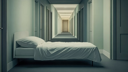 An empty bed with white sheets in a hallway with open doors, creating a calm yet clinical atmosphere.の素材
