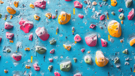 A brightly colored indoor rock climbing wall with various handholds and footholds, creating a challenging route.の素材