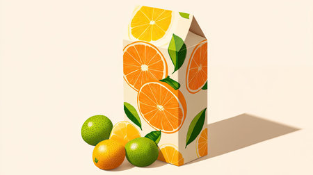 A carton of fruit juice with bright, fun illustrations of oranges and limes, isolated against a light backgroundの素材