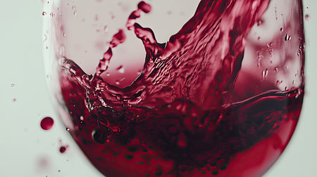 A close-up of red wine pouring into a glass, showing the splash and color isolated on a white background for a refined feelの素材