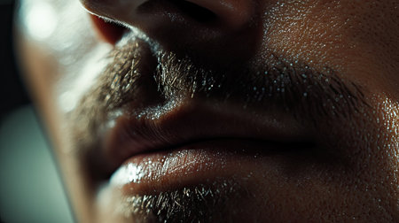 Close-up of an electric shaver trimming a mustache, focusing on the precision of the blades near the upper lip.の素材
