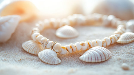 A bohemian shell necklace with cowrie shells, displayed on a soft background, capturing the beach-inspired lookの素材