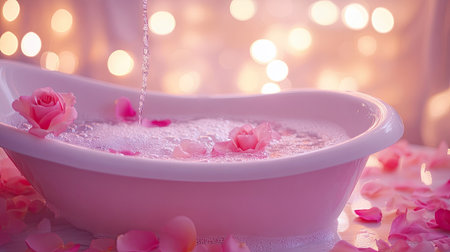 Classic bathtub with bubbles and pink rose petals, with warm lighting creating a cozy, romantic feelの素材