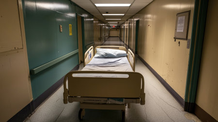An unoccupied hospital bed under a row of fluorescent lights, with no one around, in a quiet hallway.の素材