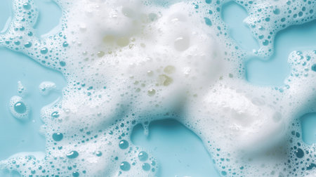 Detergent bubbles close-up, with a mixture of small and large bubbles on a blue water background. Clean, refreshing moodの素材