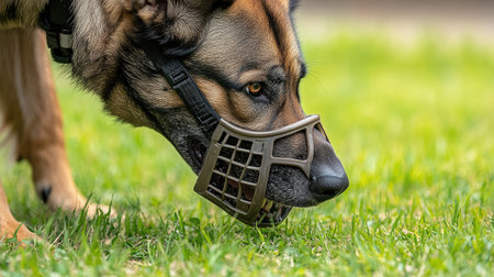 An obedient German Shepherd wearing a breathable muzzle, standing on green grass.の素材