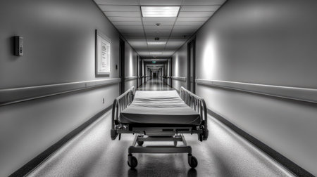 An unoccupied hospital bed resting in a silent, dimly lit hallway, creating a sense of stillness.の素材