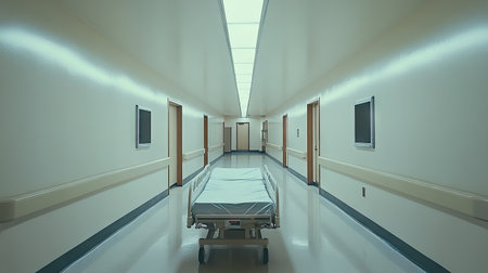 An empty hospital bed parked in a quiet hallway with clean white walls, evoking a sterile and calm atmosphere.の素材