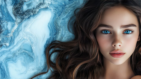 A close-up view of ocean blue marble, featuring swirling blues and white accents that mimic natural water patternsの素材