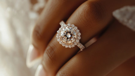 Close-up of a bride's hand showcasing her diamond ring, with intricate details of the gem in focus.の素材