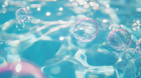 Detergent foam bubbles on clear blue water surface, creating a smooth and fresh feel. Natural light enhances bubble textureの素材