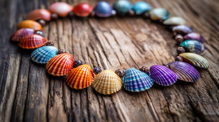 A close-up of a colorful shell necklace with multiple shell shapes, laid on a wooden background for an earthy feelの素材