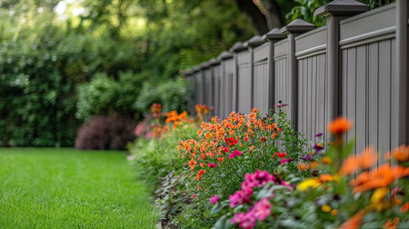 A backyard scene featuring a prefab concrete fence with decorative caps, surrounded by colorful flowers.の素材
