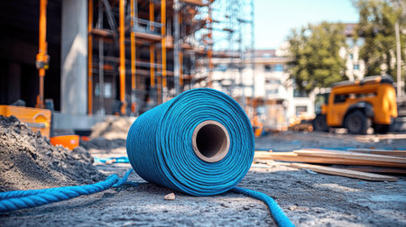 A blue polyethylene rope roll on a construction site, surrounded by tools and materials, with scaffolding in the distance.の素材