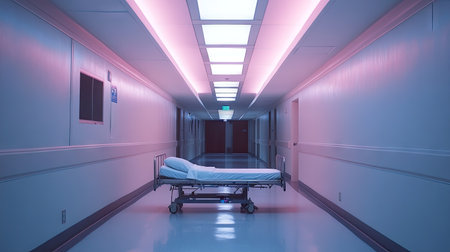 A clean, empty hospital bed against the wall under soft fluorescent lights in a spacious hallway.の素材