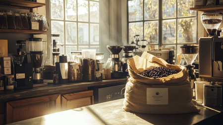 A barista's corner with an array of drip coffee tools, a large sack of coffee beans, and sunlight streaming in.の素材
