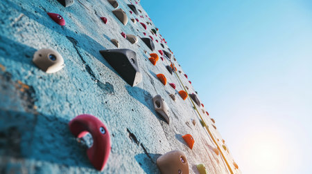 An outdoor rock climbing wall with textured surfaces and scattered grips against a clear blue sky.の素材