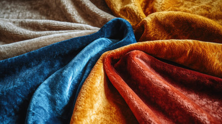 A luxurious set of velour textiles in a mix of warm and cool colors, displayed on a soft velvet surface.の素材