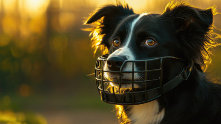 Close-up of a calm dog wearing a muzzle in an outdoor setting, looking relaxed and comfortable.の素材