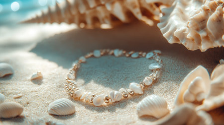 A bohemian shell necklace with cowrie shells, displayed on a soft background, capturing the beach-inspired lookの素材