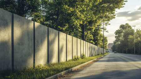A long prefabricated concrete wall fence with subtle patterns, running alongside a quiet suburban road.の素材