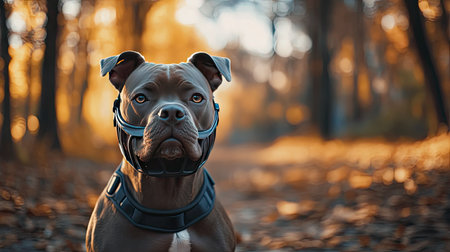 A Pit Bull wearing a secure muzzle, sitting patiently in an urban park, showing restraint and calmness.の素材
