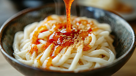A bowl of dry yellow noodles with a spicy red sauce drizzled over, ready to be mixed.の素材