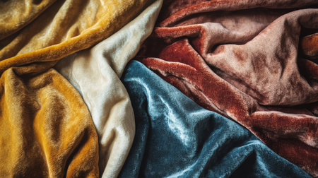 A luxurious set of velour textiles in a mix of warm and cool colors, displayed on a soft velvet surface.の素材