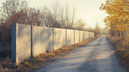 A long prefabricated concrete wall fence with subtle patterns, running alongside a quiet suburban road.の素材