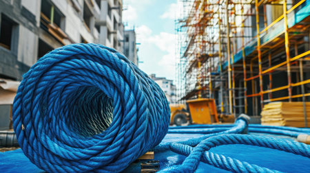 A blue polyethylene rope roll on a construction site, surrounded by tools and materials, with scaffolding in the distance.の素材