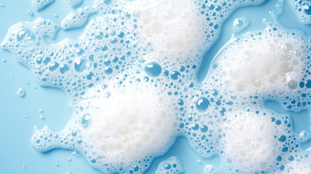 Detergent foam bubbles in water, with scattered bubble clusters reflecting soft lighting. Blue background creates a clean lookの素材