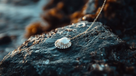 A shell necklace placed on a rock with water droplets, capturing the ocean-inspired feel and natural texturesの素材