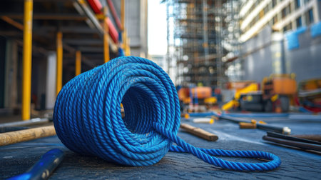 A blue polyethylene rope roll on a construction site, surrounded by tools and materials, with scaffolding in the distance.の素材