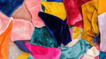 A bright and cheerful assortment of velour samples, featuring bold primary colors and soft pastels.の素材