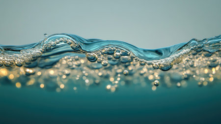 Detergent foam on clear water surface, showing reflections and bubble patterns in a crisp and minimal compositionの素材