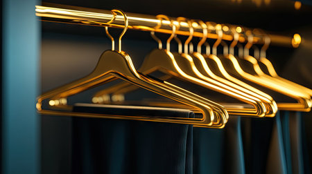 A luxurious wardrobe setup with golden hangers hanging neatly on a polished brass rail.の素材