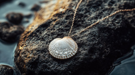 A shell necklace placed on a rock with water droplets, capturing the ocean-inspired feel and natural texturesの素材