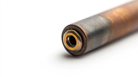 A close-up of the negative terminal of a single AA battery, isolated on a white background.の素材