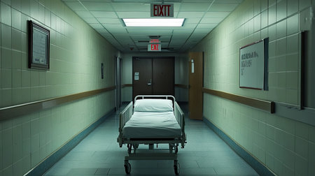A clean hospital bed placed near an exit sign in an empty hallway, emphasizing an atmosphere of calm.の素材