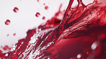 A close-up of red wine pouring into a glass, showing the splash and color isolated on a white background for a refined feelの素材