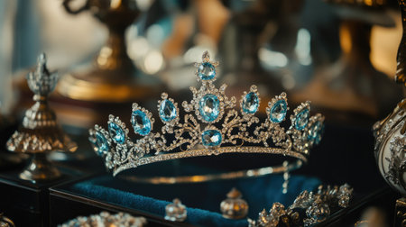 A luxurious crown featuring aquamarine jewels, placed amidst a royal-themed display with antique decor.の素材