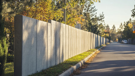 A long prefabricated concrete wall fence with subtle patterns, running alongside a quiet suburban road.の素材